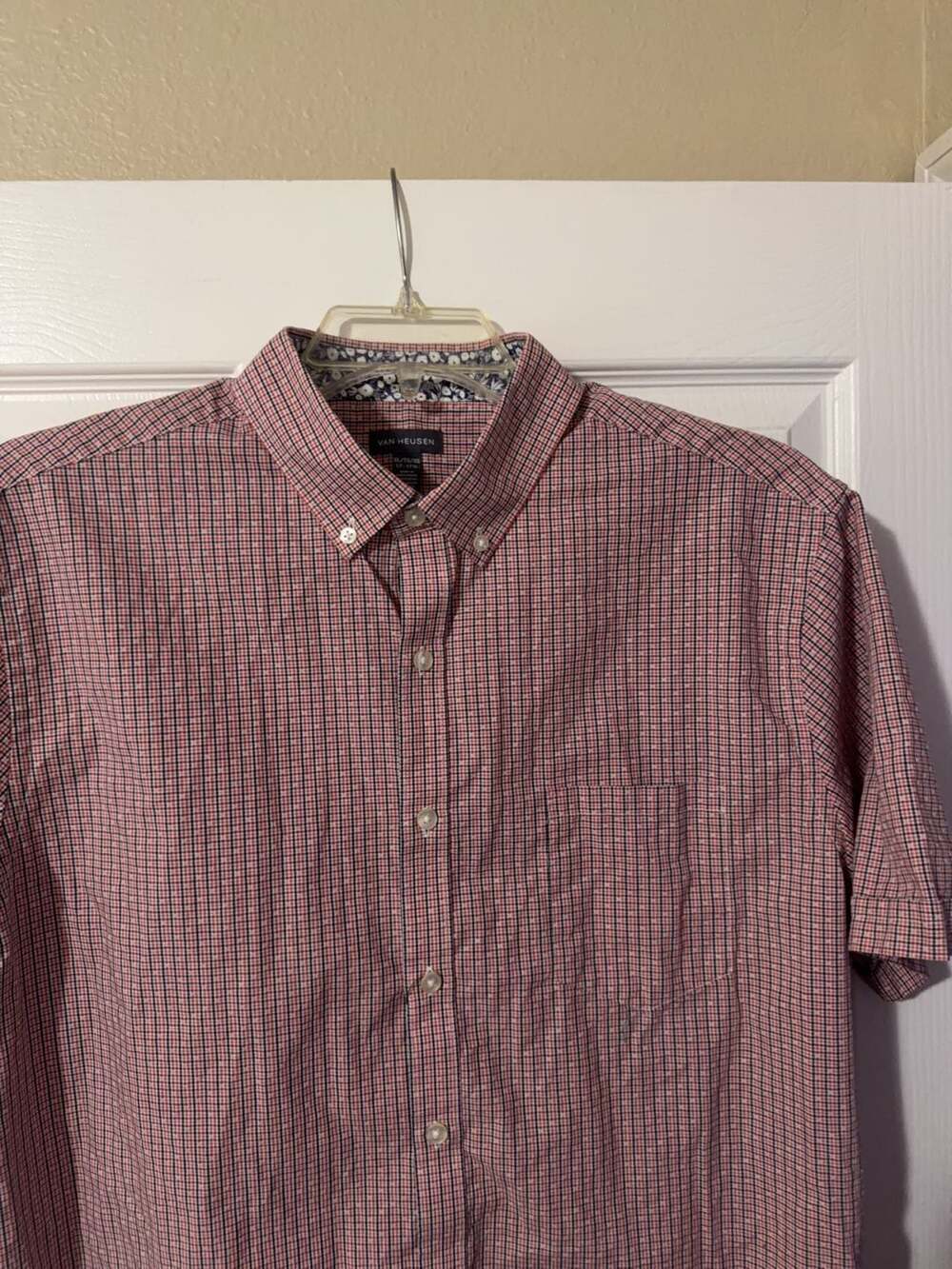 Van Heusen Men's Short Sleeve Button Down Shirt Red Plaid Size XL